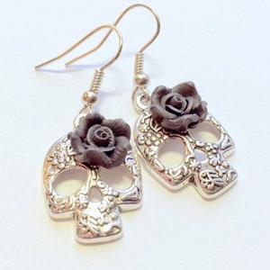 Silver Sugar Skull Earrings Black Rose Day of the Dead Earrings