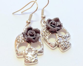 Silver Sugar Skull Earrings Black Rose Day of the Dead Earrings