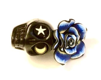 Sugar Skull Ornament Moon Star OOAK Mixed Media Black Sugar Skull Wearable Art Gift