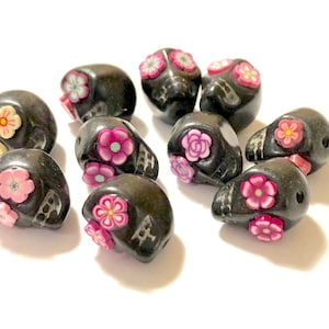 Black Pink Stone Sugar Skull Beads-Collection of 10