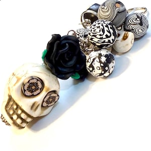 Handmade Beaded Purse Charm - Black White Sugar Skull Keyring