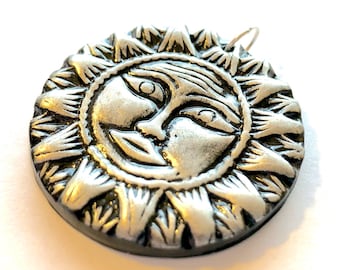 Handmade Polymer Clay Sun Pendant Black Silver Dun Face Neclace