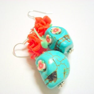 Sugar Skull Earrings Large Red and Turquoise Day of the Dead Roses and Sugar Skulls image 2