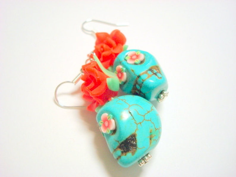 Sugar Skull Earrings Large Red and Turquoise Day of the Dead Roses and Sugar Skulls image 2