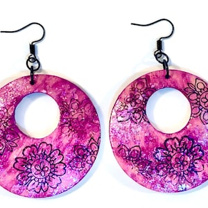 Boho Purple Flower Big Hoop Statement Earrings