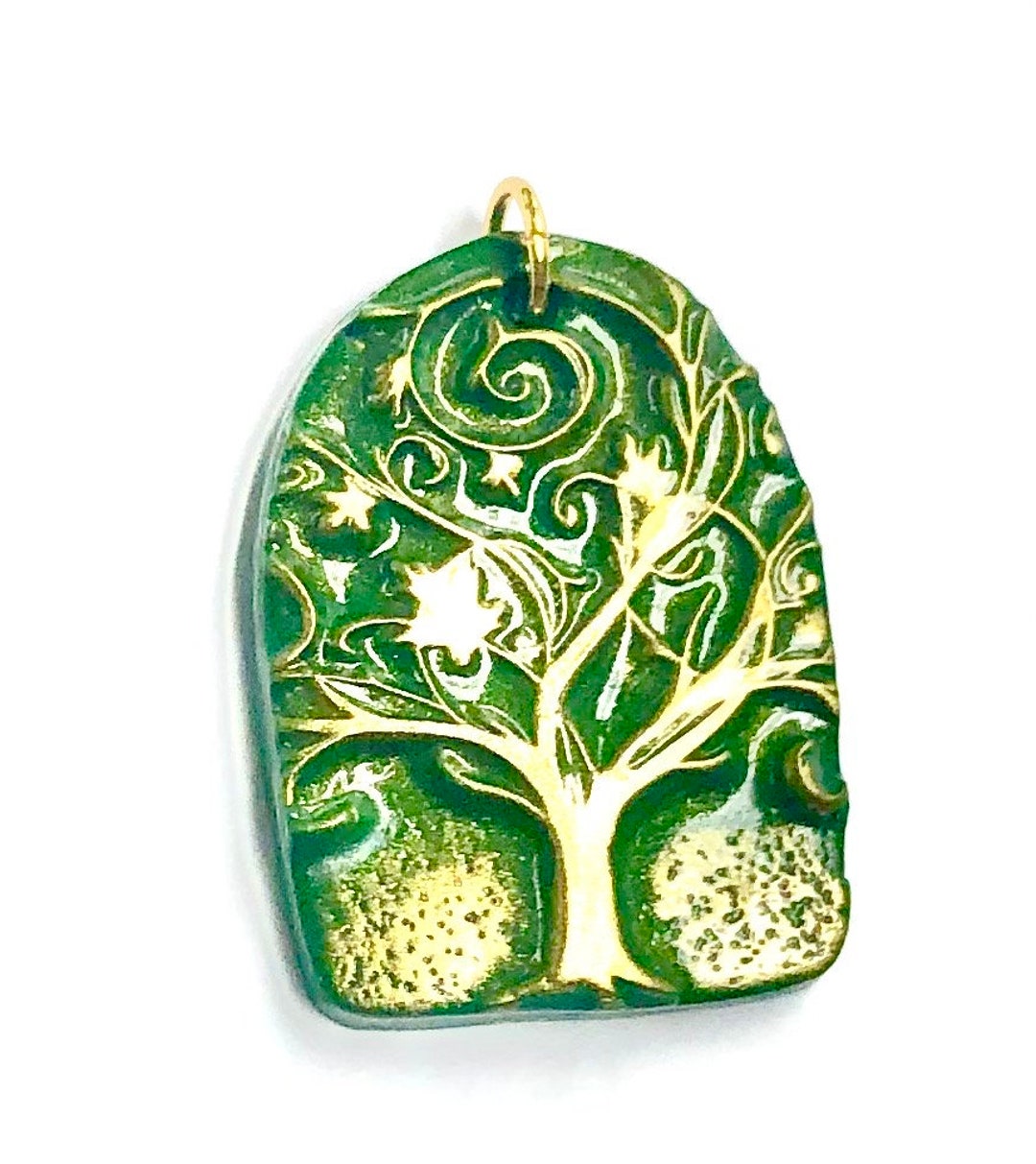 Tree of Life Pendant Green Gold Yggdrasil Handmade Polymer Clay Jewelry ...