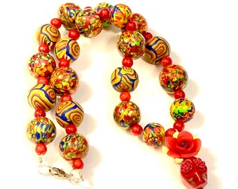 Sugar Skull Necklace: Red Howlite, Polymer Clay Rose, Day of the Dead