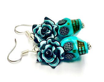 Handmade Turquoise Sugar Skull Earrings, Day of the Dead Jewelry