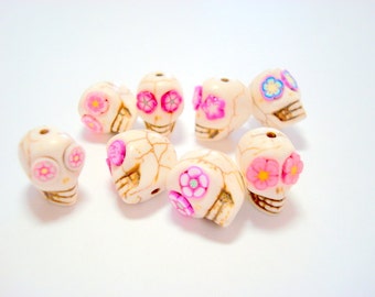 Sugar Skull Beads Pink White Flower Skull Jewelry Components Focal Beads