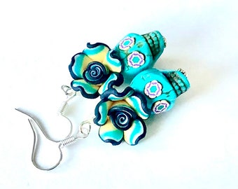 Turquoise Sugar Skull Earrings, Day of the Dead Jewelry