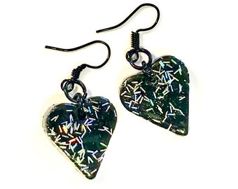 Holographic Glitter Heart Earrings Black Silver Handmade Polymer Clay Heart Earrings