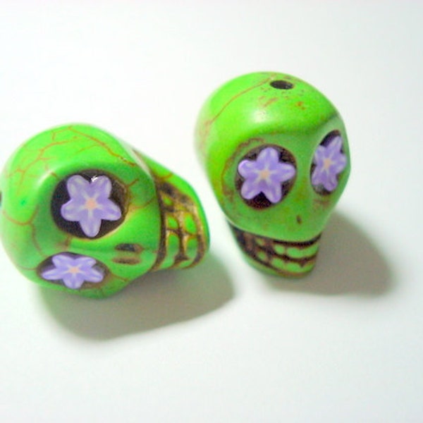 Purple Starry Eyes in Green Howlite 18mm Sugar Skull Beads