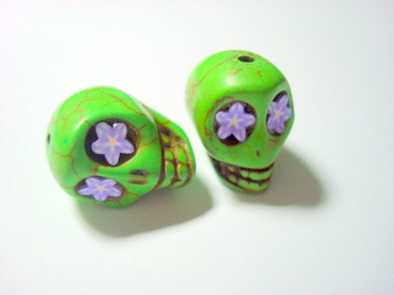 Purple Starry Eyes in Green Howlite 18mm Sugar Skull Beads image 1