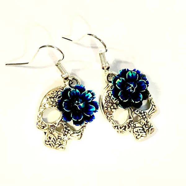 Silver Sugar Skull Earrings Black Dahlia Day of the Dead Jewelry Gift