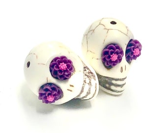 Sugar Skull Beads White Purple Dahlia Day of the Dead 18 MM Skull Beads Limited Edition Beads