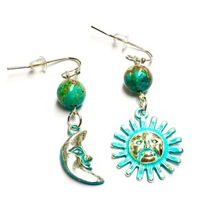 Handcrafted Sun Moon Earrings with Turquoise Patinaed Silver - Sea Sediment Jewelry
