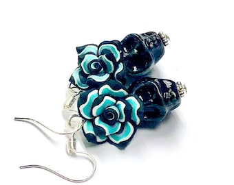 Handmade Day of the Dead Earrings, Black Ceramic Sugar Skulls