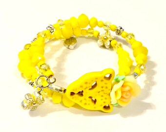 Yellow Kitty Cat Bracelet Memory Wire Beaded Meow Jewelry Gift