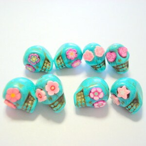 Turquoise and Pink Howlite Sugar Skull Beads-Collection of 8