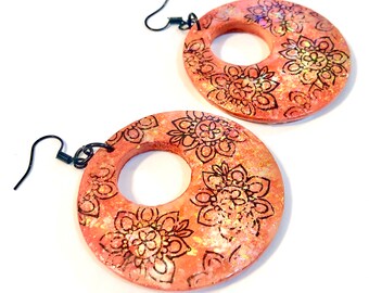 Boho Orange Flower Hoop Statement Earrings