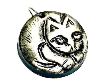 Curled Up Cat Pendant Handmade Polymer Clay Pendant Black Silver Cat Bead