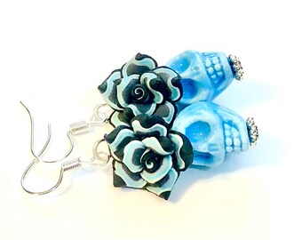 Sugar Skull Earrings: Blue Ceramic Skulls with Roses, Day of the Dead Jewelry