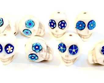 Sugar Skull Beads White 18 MM Beads Blue Turquoise Flower Eyes