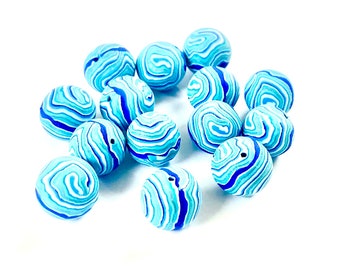 Handmade Beads Blue Spiral Artisan Polymer Clay Round Beads