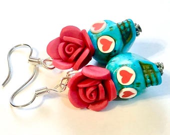 Sugar Skull Earrings Turquoise Red Heart Day of the Dead Jewelry Gift