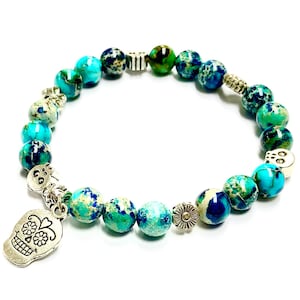 Sugar Skull Bracelet: Blue Sea Sediment Jasper Gemstone, 7" Stretch