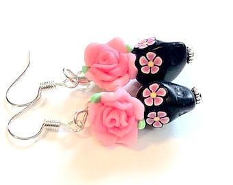 Sugar Skull Earrings Black Pink Day of the Dead Jewelry Gift For Her