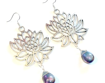 Large Silver Lotus Flower Boho Statement Dangle Earrings