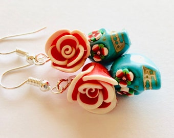 Sugar Skull Earrings Turquoise Red White Rose Day of the Dead Skull Earrings