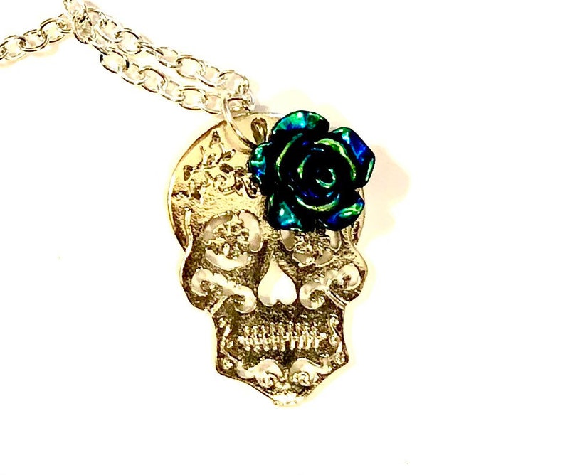 Silver Sugar Skull Pendant Necklace Day of the Dead Minimalist Etsy