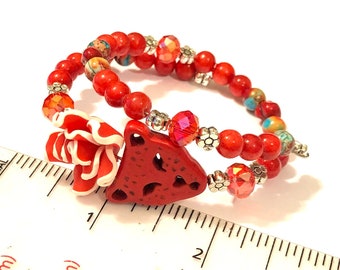 Red Cat Bracelet Memory Wire Bracelet Kitty Meow Jewelry Gift