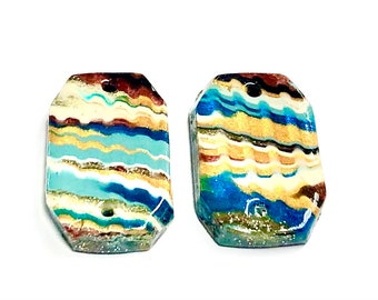Handmade Polymer Clay Beads Marbled Boho Reversible Rectangle Earring Connector Beads Jewelry Components