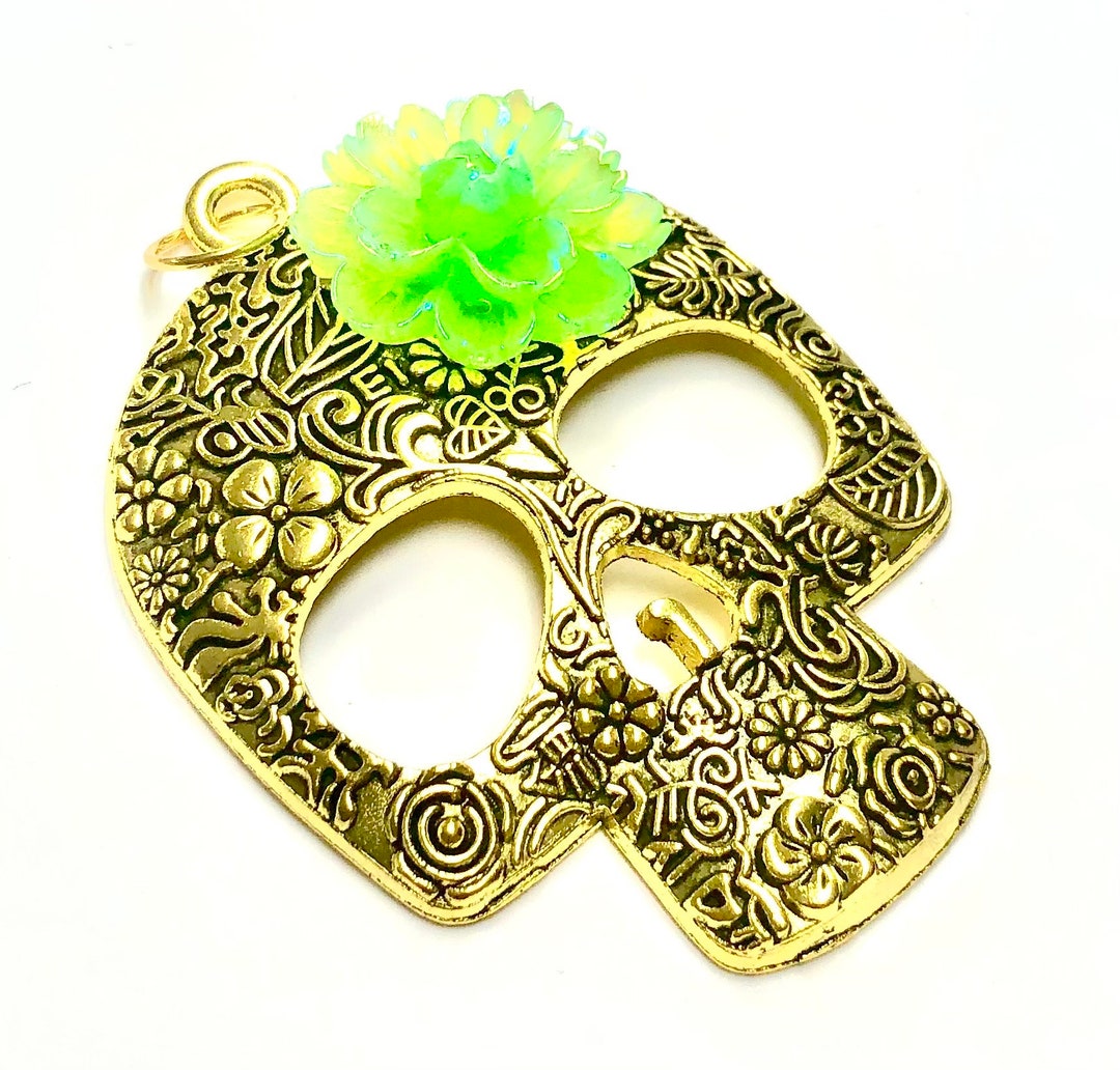 Giant Gold Sugar Skull Pendant Day of the Dead Jewelry Component Etsy