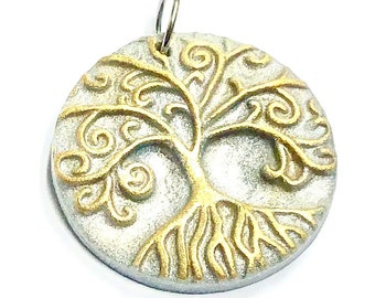 Tree of Life Pendant Handmade Silver Gold Artisan Yggdrasil Polymer Clay Pendant