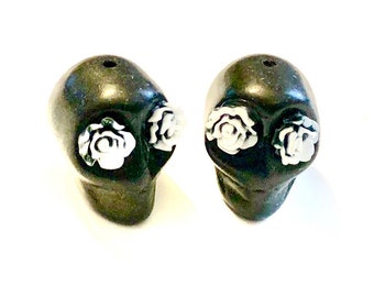 Sugar Skull Beads Black and White Variegated Rose Eyes Day of the Dead Skull Beads Limited Edition Beads