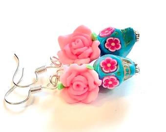 Sugar Skull Earrings Turquoise Pink Day of the Dead Jewelry Gift