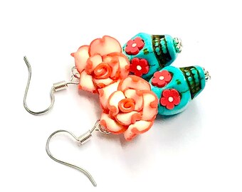 Handmade Turquoise Sugar Skull Earrings: Day of the Dead Jewelry
