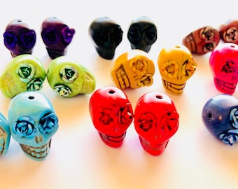 Sugar Skull Beads-Collection of 9 Pairs Rainbow Rose Day of the Dead Skull Beads 18 mm