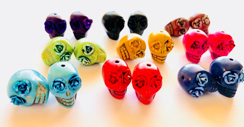 Sugar Skull Beads-Collection of 9 Pairs Rainbow Rose Day of the Dead Skull Beads 18 mm image 1