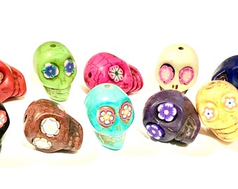 Sugar Skull Beads Rainbow Flower Eye Collection of 10 Handmade Stone Skull Jewelry Components