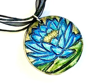 Blue Lotus Flower Handmade Polymer Clay Pendant Necklace