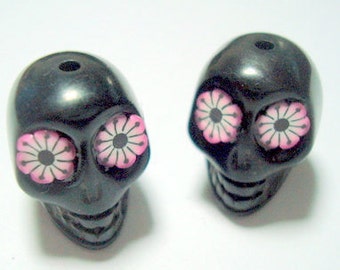 Pink Flower Eyes in Black Day of The Dead 18mm Sugar Skull Beads