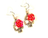 Silver Sugar Skull Earrings Hot Pink Rose Day of the Dead Jewelry Gift