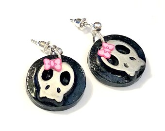 Rockabilly Skull Earrings Handmade Polymer Clay Pink Bow Skull Earrings
