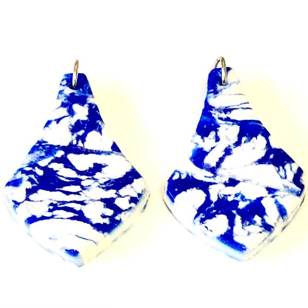 Artisan Polymer Clay Beads Blue White Marquis Earring Beads Jewelry Components OOAK Marbled Focal Beads