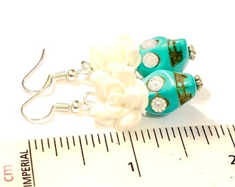 Turquoise Sugar Skull Earrings with White Roses, Day of the Dead Jewelry